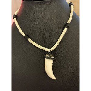 Vintage Tribal Style Surfer Necklace w/ Faux Shark Tooth Pendant & Heishi Beads